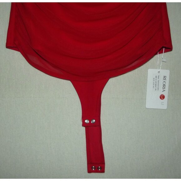 Reoria Bodysuit Womens Large Medium Red high mock neck Short Sleeve sheer ruched - Picture 11 of 13